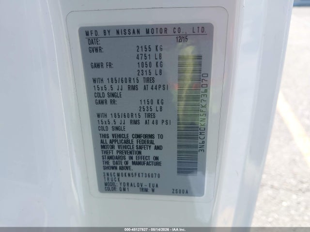 45127827 :رقم المزاد ، 3N6CM0KN5FK736070 vin ، 2015 Nissan Nv200 S مزاد بيع