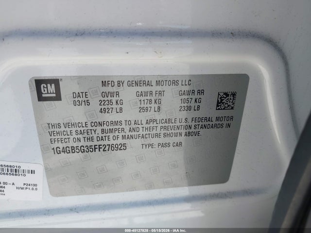 45127828 :رقم المزاد ، 1G4GB5G35FF276925 vin ، 2015 Buick Lacrosse Leather مزاد بيع