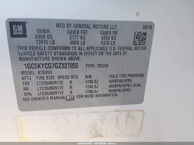45127831 :رقم المزاد ، 1GC5KYCG7GZ327055 vin ، 2016 Chevrolet Silverado 3500hd Wt مزاد بيع