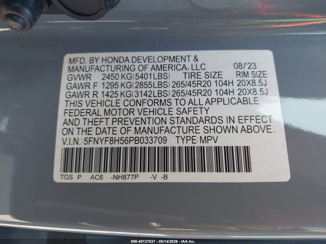 5FNYF8H56PB033709 Honda Passport Awd Ex-l
