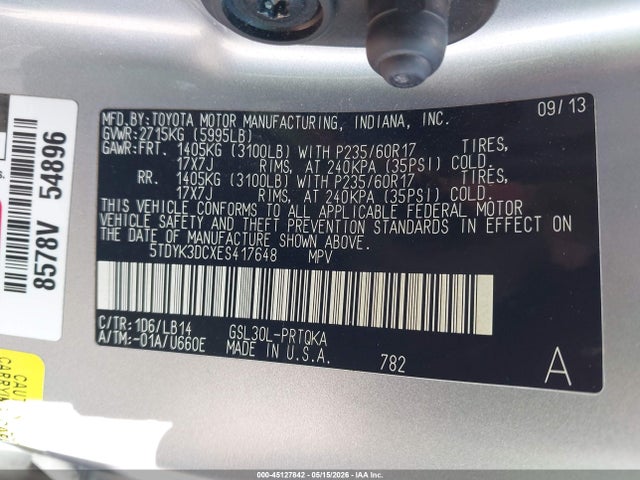5TDYK3DCXES417648 Toyota Sienna Xle V6 8 Passenger