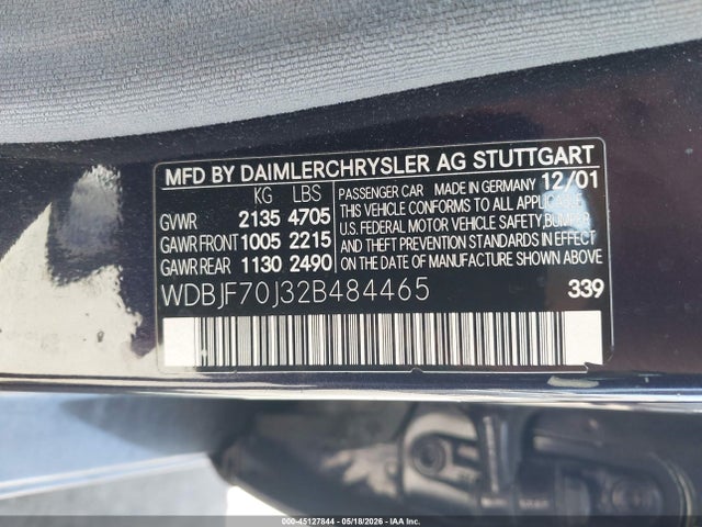 Продажа на аукционе авто 2002 Mercedes-benz E 430 Special Edition, vin: WDBJF70J32B484465, номер лота: 45127844