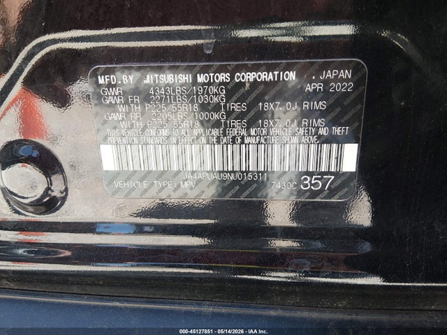 Aukcja sprzedaży 2022 Mitsubishi Outlander Sport 2.0 Be 2wd/2.0 Es 2wd/2.0 Le 2wd/2.0 S 2wd, vin: JA4APUAU9NU015311, numer aukcji: 45127851