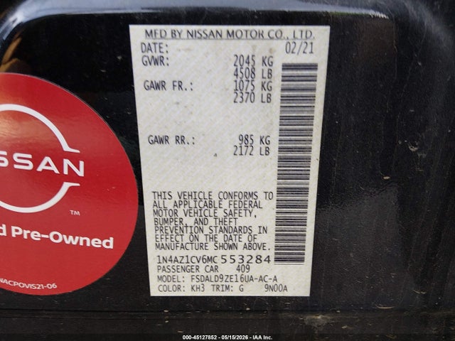 1N4AZ1CV6MC553284 Nissan Leaf Sv 40 Kwh
