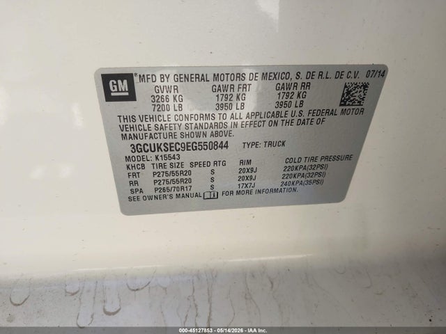 45127853 :رقم المزاد ، 3GCUKSEC9EG550844 vin ، 2014 Chevrolet Silverado 1500 2lz مزاد بيع