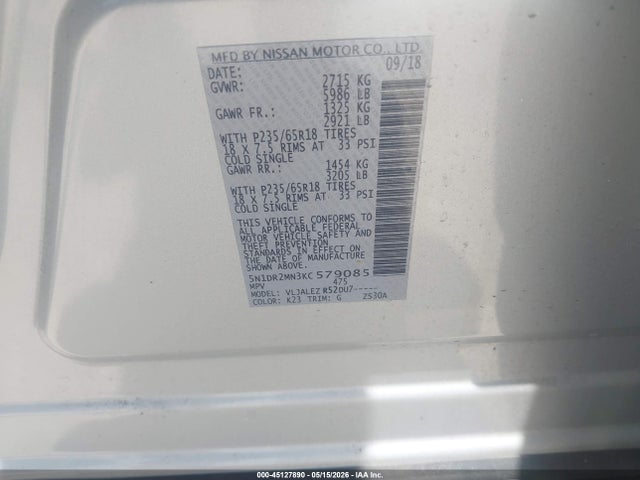 Продаж на аукціоні авто 2019 Nissan Pathfinder Sv, vin: 5N1DR2MN3KC579085, номер лоту: 45127890