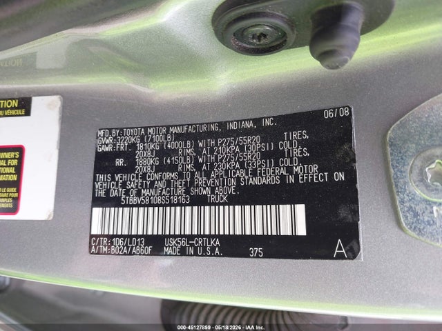 Продаж на аукціоні авто 2008 Toyota Tundra Limited 5.7l V8, vin: 5TBBV58108S518163, номер лоту: 45127899