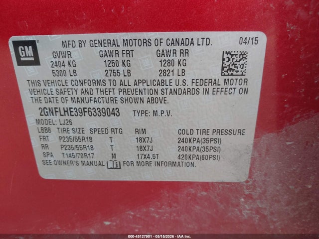 Aukcja sprzedaży 2015 Chevrolet Equinox Ltz, vin: 2GNFLHE39F6339043, numer aukcji: 45127901