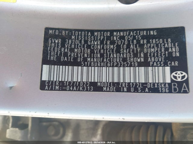 2015 Toyota Corolla S Plus მანქანა იყიდება აუქციონზე, vin: 5YFBURHE6FP325719, აუქციონის ნომერი: 45127912