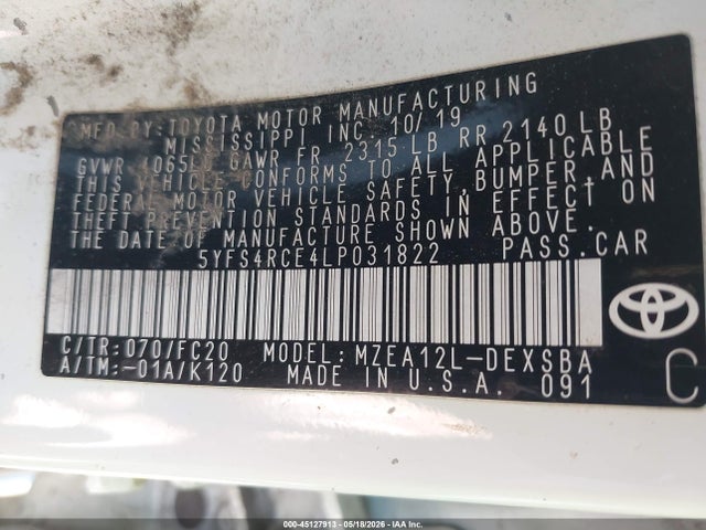 Aukcja sprzedaży 2020 Toyota Corolla Se, vin: 5YFS4RCE4LP031822, numer aukcji: 45127913