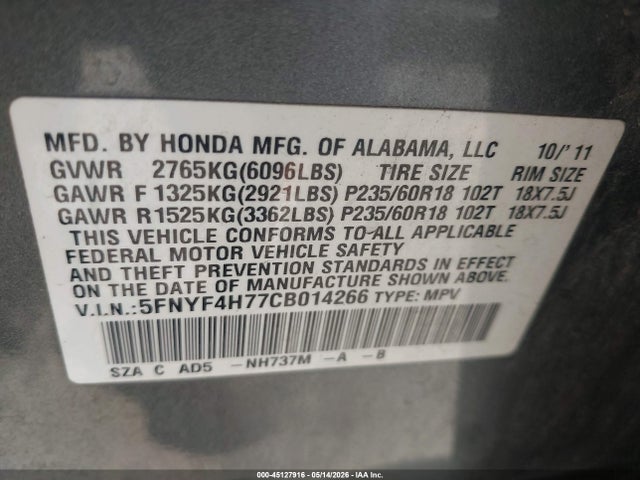 Aukcja sprzedaży 2012 Honda Pilot Ex-l, vin: 5FNYF4H77CB014266, numer aukcji: 45127916