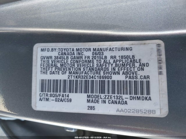 Aukcja sprzedaży 2004 Toyota Matrix Standard, vin: 2T1KR32E34C186900, numer aukcji: 45127925
