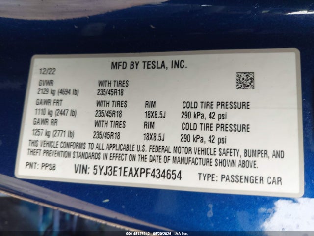 Aukcja sprzedaży 2023 Tesla Model 3 Rear-wheel Drive, vin: 5YJ3E1EAXPF434654, numer aukcji: 45127942