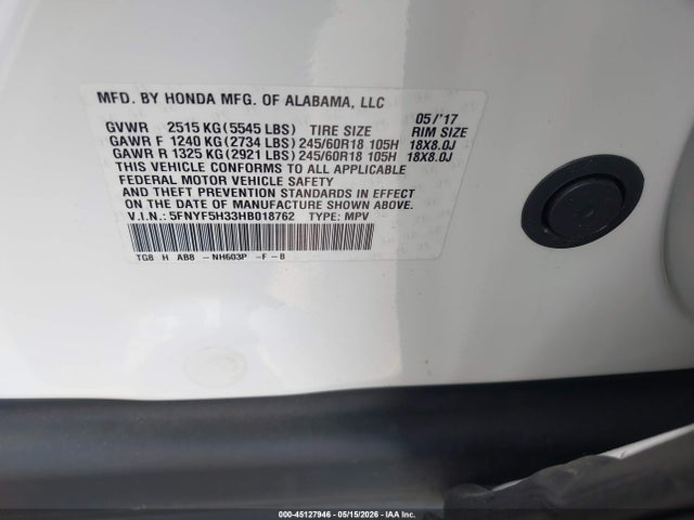 2017 Honda Pilot Ex მანქანა იყიდება აუქციონზე, vin: 5FNYF5H33HB018762, აუქციონის ნომერი: 45127946