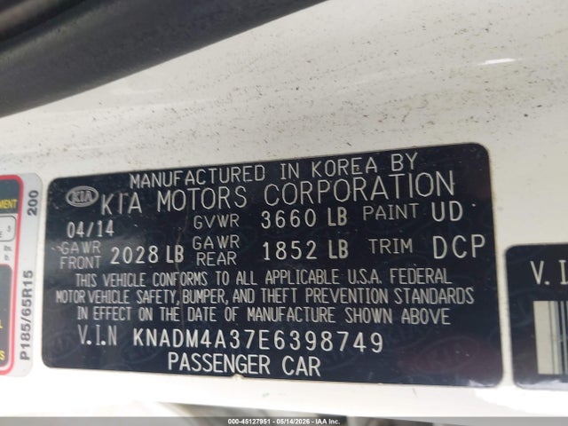 2014 Kia Rio Lx მანქანა იყიდება აუქციონზე, vin: KNADM4A37E6398749, აუქციონის ნომერი: 45127951