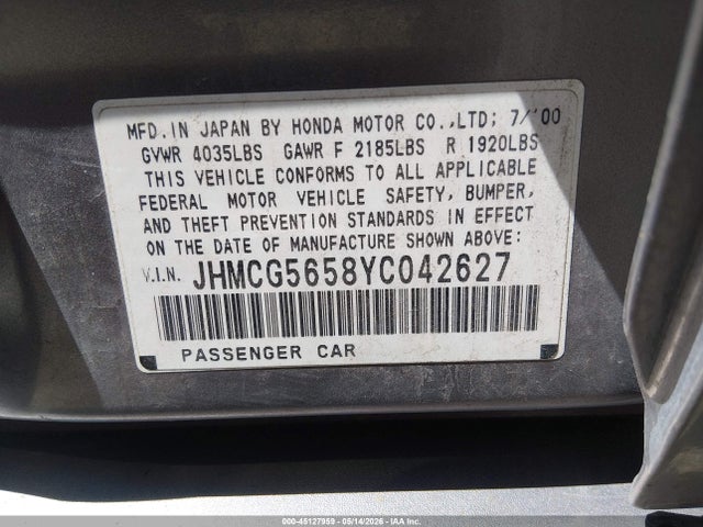 Aukcja sprzedaży 2000 Honda Accord 2.3 Ex, vin: JHMCG5658YC042627, numer aukcji: 45127959