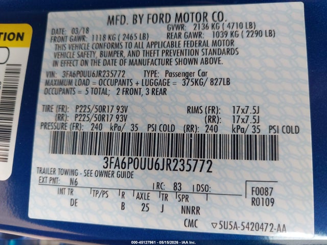 Aukcja sprzedaży 2018 Ford Fusion Hybrid S, vin: 3FA6P0UU6JR235772, numer aukcji: 45127961