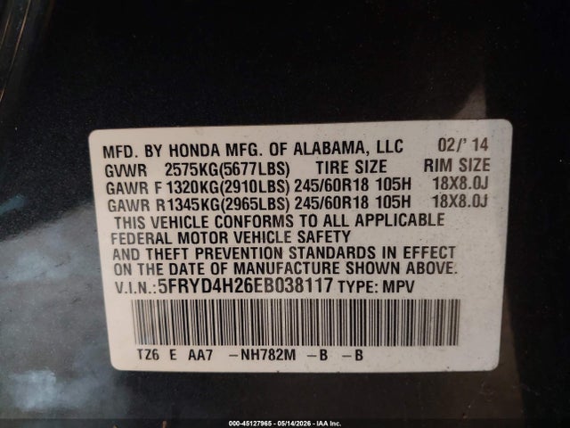 45127965 :رقم المزاد ، 5FRYD4H26EB038117 vin ، 2014 Acura Mdx مزاد بيع