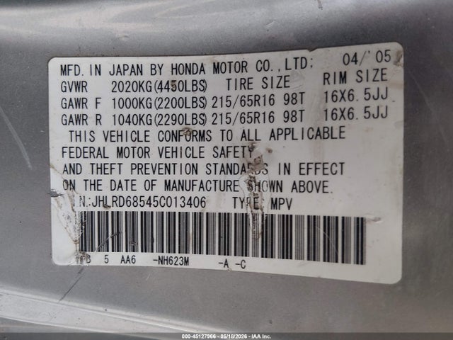 Aukcja sprzedaży 2005 Honda Cr-v Lx, vin: JHLRD68545C013406, numer aukcji: 45127966