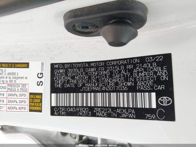 45127968 :رقم المزاد ، JTDEPMAE4N3017036 vin ، 2022 Toyota Corolla Le مزاد بيع