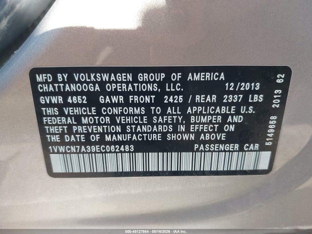 Aukcja sprzedaży 2014 Volkswagen Passat 2.0l Tdi Sel Premium, vin: 1VWCN7A39EC062483, numer aukcji: 45127984