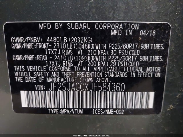 Auction sale of the 2018 Subaru Forester 2.5i Premium, vin: JF2SJAGCXJH584360, lot number: 45127985