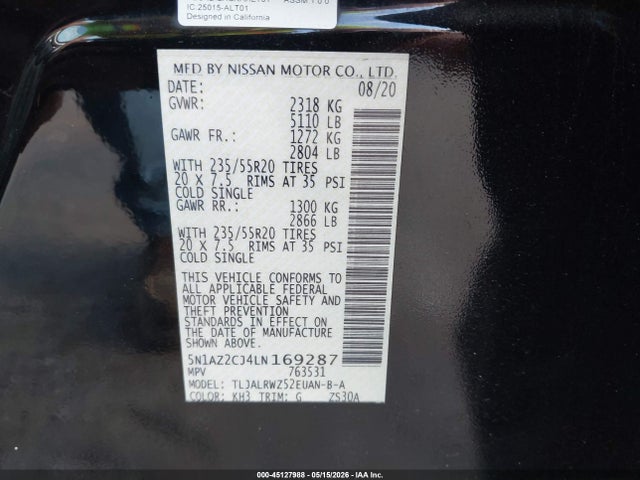 Продажа на аукционе авто 2020 Nissan Murano Sl Fwd, vin: 5N1AZ2CJ4LN169287, номер лота: 45127988