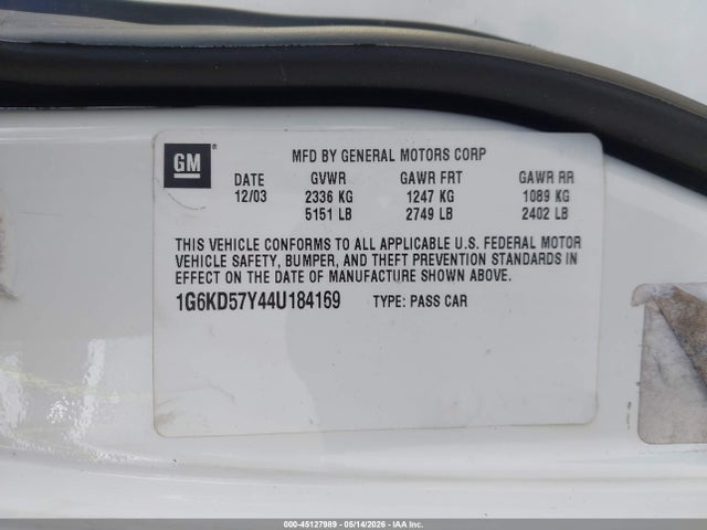 2004 Cadillac Deville Standard მანქანა იყიდება აუქციონზე, vin: 1G6KD57Y44U184169, აუქციონის ნომერი: 45127989