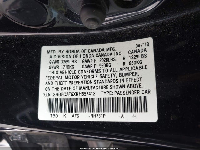 2019 Honda Civic Lx მანქანა იყიდება აუქციონზე, vin: 2HGFC2F6XKH557412, აუქციონის ნომერი: 45127991