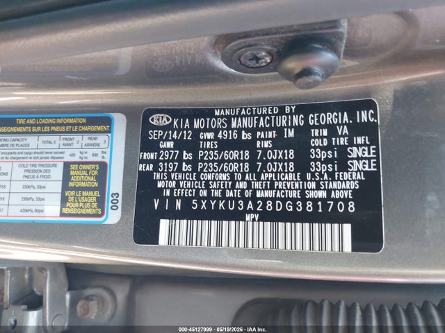 Продажа на аукционе авто 2013 Kia Sorento Ex V6, vin: 5XYKU3A28DG381708, номер лота: 45127999