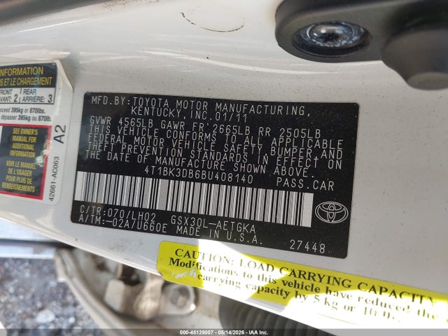 45128007 :رقم المزاد ، 4T1BK3DB6BU408140 vin ، 2011 Toyota Avalon مزاد بيع