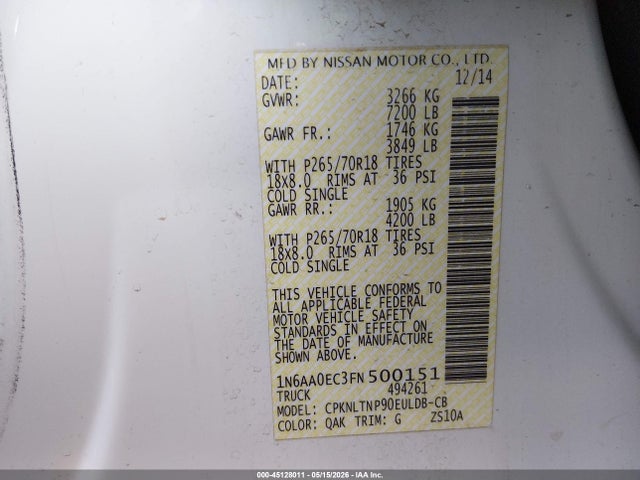 Aukcja sprzedaży 2015 Nissan Titan Sv, vin: 1N6AA0EC3FN500151, numer aukcji: 45128011