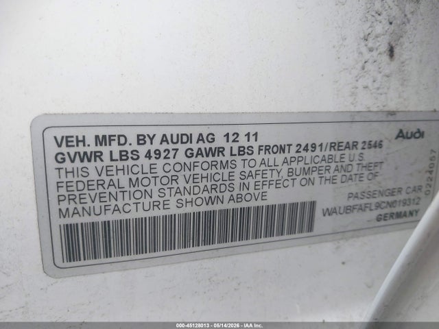 Aukcja sprzedaży 2012 Audi A4 2.0t Premium, vin: WAUBFAFL9CN019312, numer aukcji: 45128013