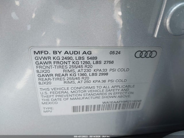 45128023 :رقم المزاد ، WA1EAAFY9R2116248 vin ، 2024 Audi Q5 Premium Plus 45 Tfsi S Line Quattro مزاد بيع
