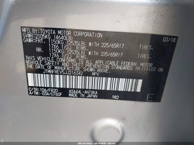 Продаж на аукціоні авто 2018 Toyota Rav4 Le, vin: JTMBFREV5JJ216342, номер лоту: 45128022