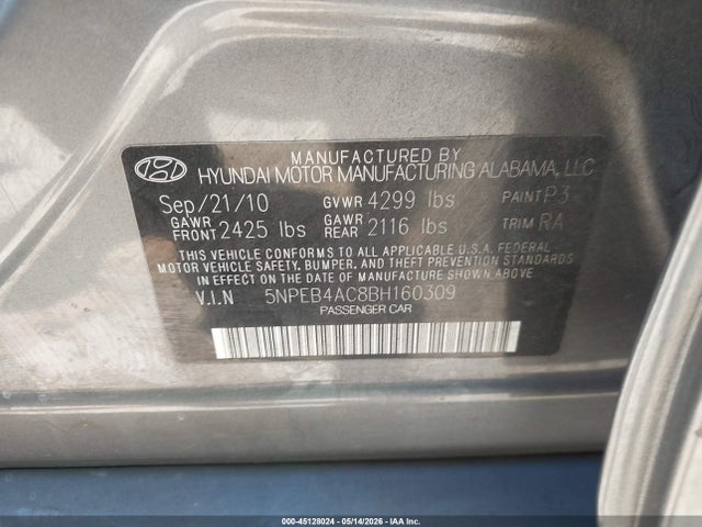 45128024 :رقم المزاد ، 5NPEB4AC8BH160309 vin ، 2011 Hyundai Sonata Gls مزاد بيع