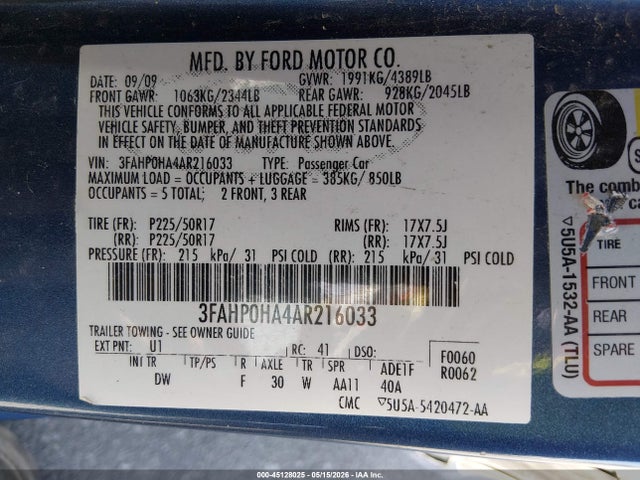 Aukcja sprzedaży 2010 Ford Fusion Se, vin: 3FAHP0HA4AR216033, numer aukcji: 45128025