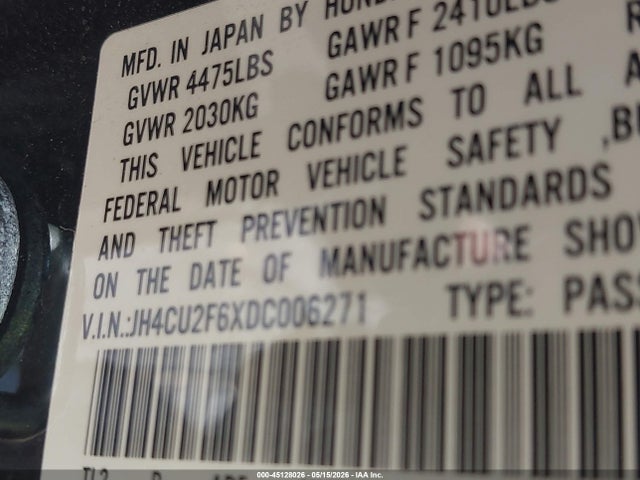 45128026 :رقم المزاد ، JH4CU2F6XDC006271 vin ، 2013 Acura Tsx 2.4 مزاد بيع