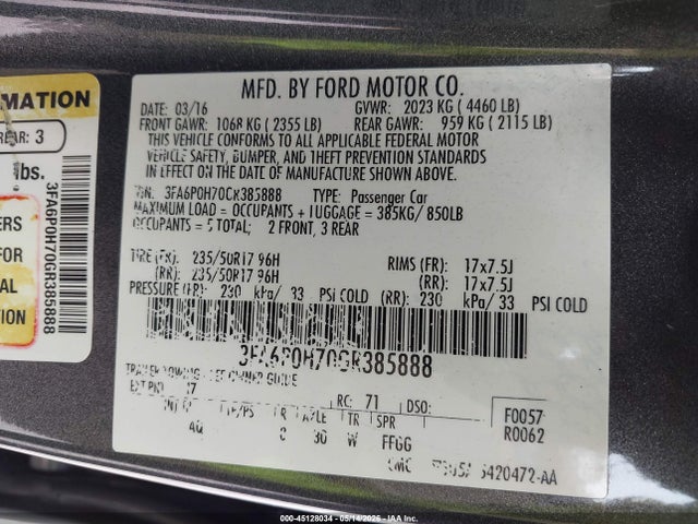 Ford FUSION SE 2016 3FA6P0H70GR385888 Image 9