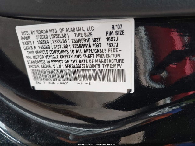 45128037 :رقم المزاد ، 5FNRL38757B130479 vin ، 2007 Honda Odyssey Ex-l مزاد بيع