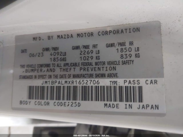 45128044 :رقم المزاد ، JM1BPALMXR1652706 vin ، 2024 Mazda Mazda3 2.5 S Preferred مزاد بيع