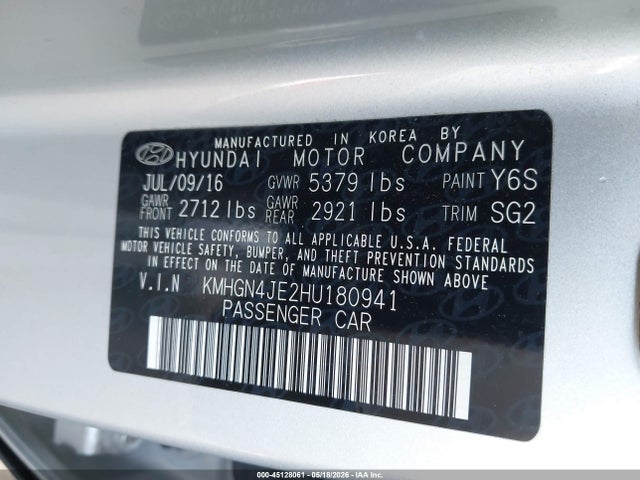 Aukcja sprzedaży 2017 Genesis G80 3.8, vin: KMHGN4JE2HU180941, numer aukcji: 45128061