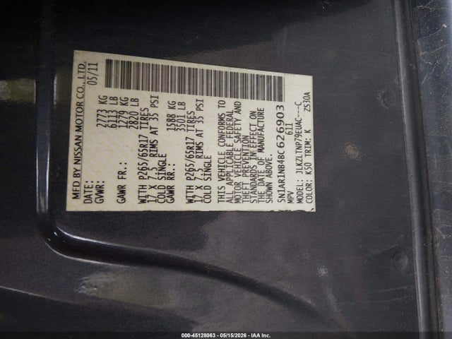 Продажа на аукционе авто 2011 Nissan Pathfinder Sv, vin: 5N1AR1NB4BC626903, номер лота: 45128063