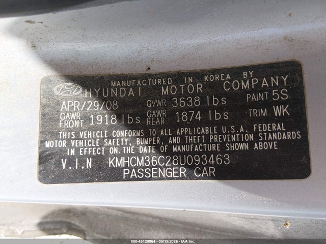 2008 Hyundai Accent Gs მანქანა იყიდება აუქციონზე, vin: KMHCM36C28U093463, აუქციონის ნომერი: 45128064