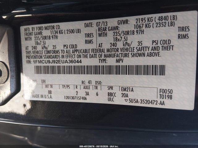 45128076 :رقم المزاد ، 1FMCU9J92EUA36044 vin ، 2014 Ford Escape Titanium مزاد بيع