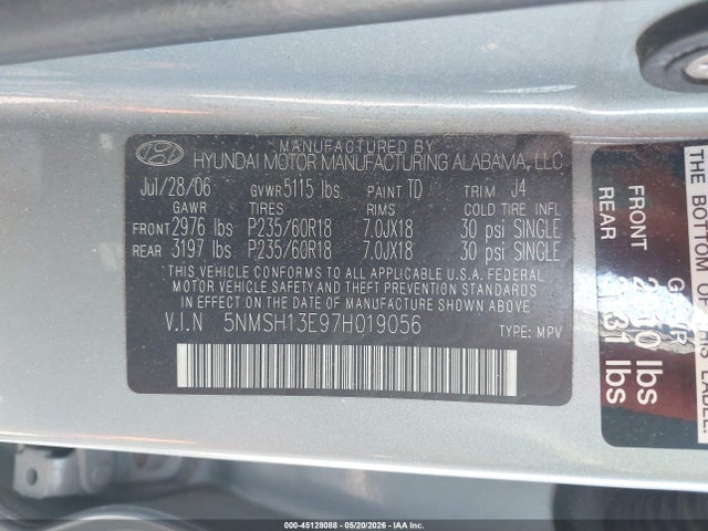 45128088 :رقم المزاد ، 5NMSH13E97H019056 vin ، 2007 Hyundai Santa Fe Limited/se مزاد بيع