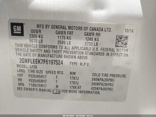 Aukcja sprzedaży 2015 Chevrolet Equinox Ls, vin: 2GNFLEEK7F6197524, numer aukcji: 45128091