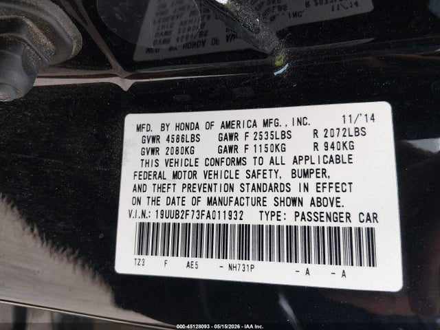 45128093 :رقم المزاد ، 19UUB2F73FA011932 vin ، 2015 Acura Tlx V6 Advance مزاد بيع