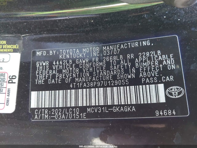 2007 Toyota Camry Solara Sle მანქანა იყიდება აუქციონზე, vin: 4T1FA38P97U129055, აუქციონის ნომერი: 45128094
