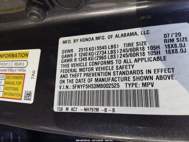 Aukcja sprzedaży 2021 Honda Pilot 2wd Ex-l, vin: 5FNYF5H53MB002525, numer aukcji: 45128102